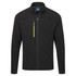 A black textured fleece jacket featuring a zip front, stand-up collar, and a yellow zip detail on the chest.