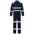 A navy blue coverall featuring reflective stripes, designed for safety wear. Includes a logo on the front chest.