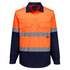 A long-sleeve safety shirt featuring bright orange and navy blue colours with reflective stripes and two front pockets.
