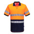 A Hi-Vis polo shirt featuring bright orange and navy contrast with reflective stripes and a chest pocket.