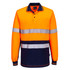 A long-sleeve polo shirt in high visibility orange and navy, featuring reflective stripes and a pocket.