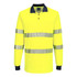 A long-sleeve polo shirt in high-visibility yellow with navy collar, featuring reflective striped panels and a logo.