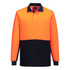 A long-sleeve polo shirt in fluorescent orange and navy, featuring a collar and a branding logo.