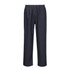 Navy blue Flexatex Chem Pants displayed with an elastic waistband and a sleek design. Features a logo on the side.