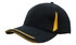 A black cap with yellow crown inserts, peak trim, and sandwich detailing, featuring a logo.