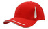 A red cap with white peak trim and sandwich detailing, featuring a logo on the side.