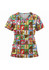 A women's Christmas scrub top featuring a festive pattern with animals in Santa hats and Christmas colours.