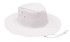 A white Poly Cotton Slouch Hat with a wide brim and an adjustable chin strap. It features ventilation holes and a logo.