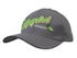 A grey cap featuring embroidered green lettering and a logo, designed from recycled materials.