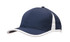 A navy cap with white trim and inserts, featuring a logo on the side.