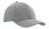 A grey cap featuring a structured design and a curved brim. It has a logo on the front.