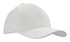 A white cap with a structured design, featuring a curved brim and a logo on the front.