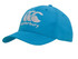 A blue sports cap with an embroidered logo, featuring a curved brim and adjustable strap at the back.