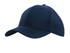 A navy blue cap with a curved brim and stitching details, featuring a logo on the front.