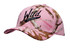 A pink camouflage 6-panel cap featuring a logo, with branches in shades of brown and pink.