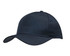 A navy cap with breathable poly twill fabric and circular perforations, featuring a logo.