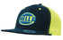 A snap-back cap featuring a navy front and bright yellow mesh back, with a logo on the front.