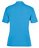 A blue women's polo shirt featuring a collar and short sleeves, with a branding logo on the back.
