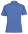 A blue polo shirt with a collar and short sleeves, featuring a logo on the back.