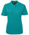 A teal women's polo shirt with a collar, short sleeves, and a brand logo.