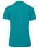 A turquoise polo shirt for women with a classic collar and short sleeves, featuring a logo on the back.
