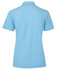 A light blue women's polo shirt featuring a collar and short sleeves, with a logo on the side.