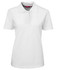 A white women's polo shirt with a collar and short sleeves, featuring a logo.