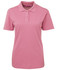 A pink polo shirt for women featuring a collar and buttoned placket, with a logo on the chest.