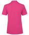 A pink polo shirt with a collar and short sleeves, featuring a branding logo on the back.