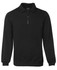 A black 1/2 zip fleecy jumper featuring a collar and long sleeves, with a logo on the label.