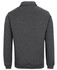 A dark grey polar fleece jumper featuring a half zip and long sleeves. It has branding on the back.