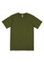 An olive green men's short sleeve T-shirt with a crew neck and a label inside the collar.