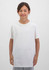 A white short sleeve tee for kids, featuring a simple design and a logo on the front.