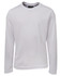 A long-sleeve white T-shirt featuring a textured fabric and a logo on the collar.