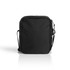 A black recycled transit bag with a shoulder strap and a zip closure, featuring a logo.