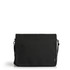 A black recycled messenger bag with a flap closure and an adjustable shoulder strap, featuring a logo.
