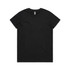 A black T-shirt with a round neck, featuring a small logo on the label.