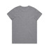 A grey T-shirt with a rounded neckline and short sleeves, featuring a logo on the back.