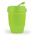 A reusable coffee cup in vibrant green with a silicone band and a lid designed for convenience.