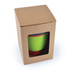 A reusable coffee cup in vibrant green, packaged in a cardboard box with a clear window.