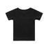 A black organic infant t-shirt with short sleeves and a round neckline, featuring a logo.