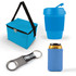 A blue cooler bag, a blue drink bottle, a can cooler, and a bottle opener with a keyring. The items have branding elements.