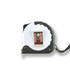 A retractable tape measure in black and white with a metal clip, featuring a textured grip.
