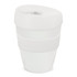A drink bottle in white, featuring a sleek design with a lid and an integrated silicone band for grip.