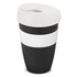 A drink bottle in black and white, featuring a sleek design and a lid with a logo. Capacity is 480ml.