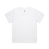 A white t-shirt with short sleeves, featuring a branded label on the neckline.