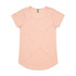 A soft peach-coloured T-shirt with a scoop neckline and short sleeves. It features a logo on the label.