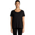 A black t-shirt features a scoop neckline and short sleeves, displayed on a model. It has a logo on the front.