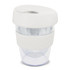A drink bottle features a clear body with a white lid and band, designed for hot beverages with a capacity of 230ml.