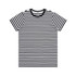 A black and white striped T-shirt featuring a crew neck and short sleeves, with a label inside.
